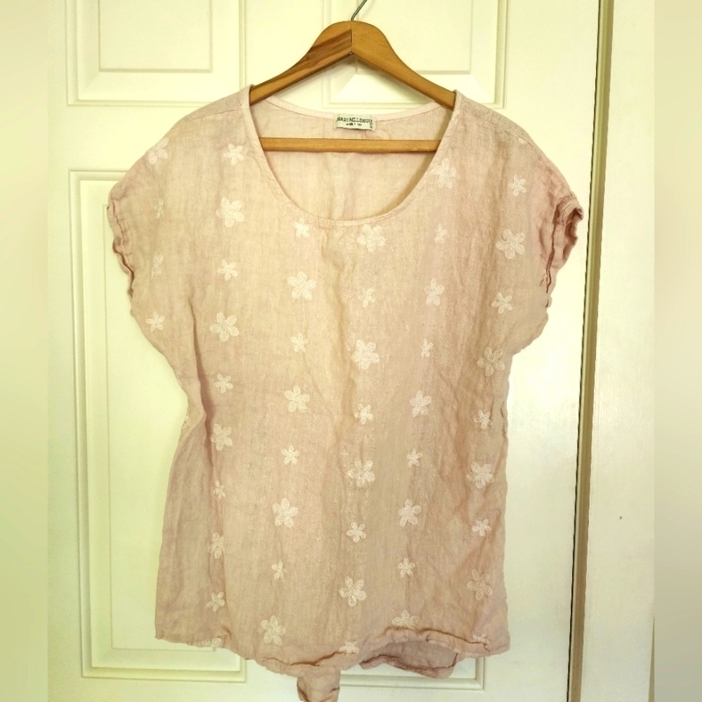 Terzo Millenio Linen Blush Floral Embroidered Top Size L romantic Beach